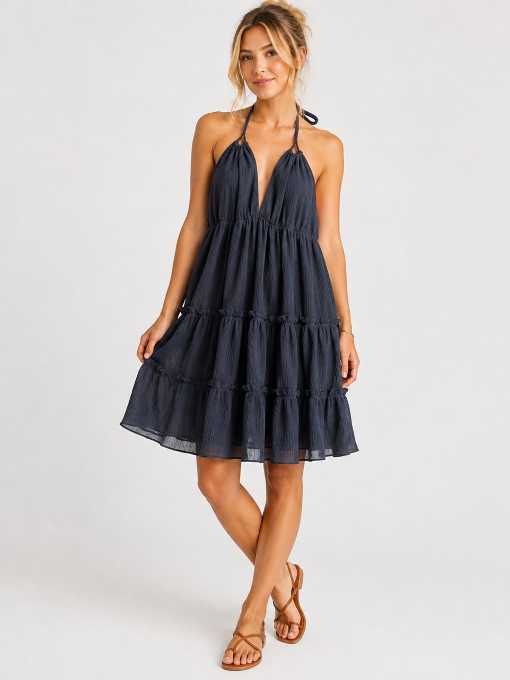 Lulu's Blue Backless Tiered Halter Dress